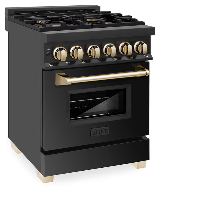 ZLINE Autograph Edition 24 in. 2.8 cu. ft. Legacy Dual Fuel Range with 4 Burner Gas Cooktop and Electric Convection Oven in Black Stainless Steel and Polished Gold Accents, Open Box-Excellent Condition