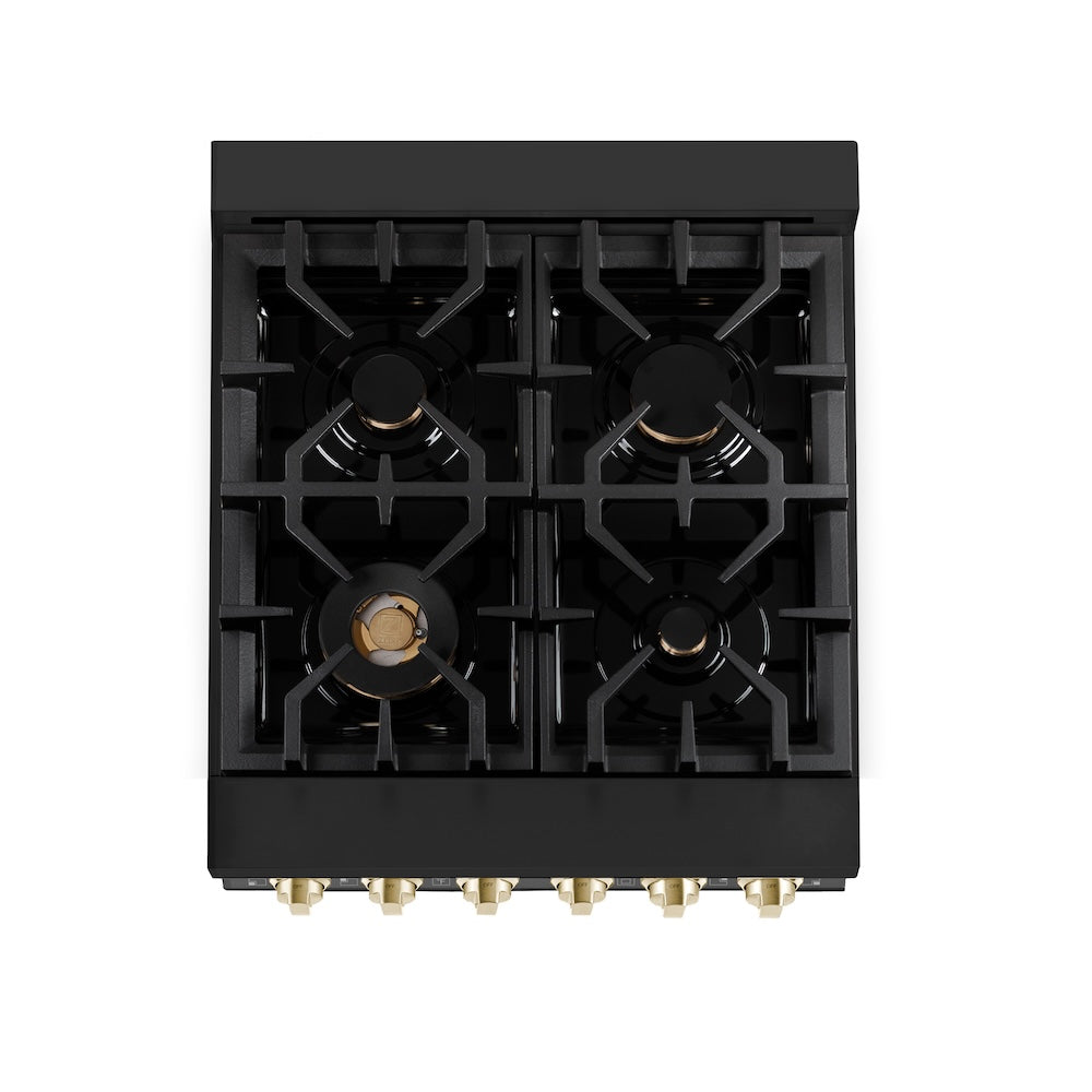 ZLINE Autograph Edition 24 in. 2.8 cu. ft. Legacy Dual Fuel Range with 4 Burner Gas Cooktop and Electric Convection Oven in Black Stainless Steel and Polished Gold Accents, Open Box-Excellent Condition