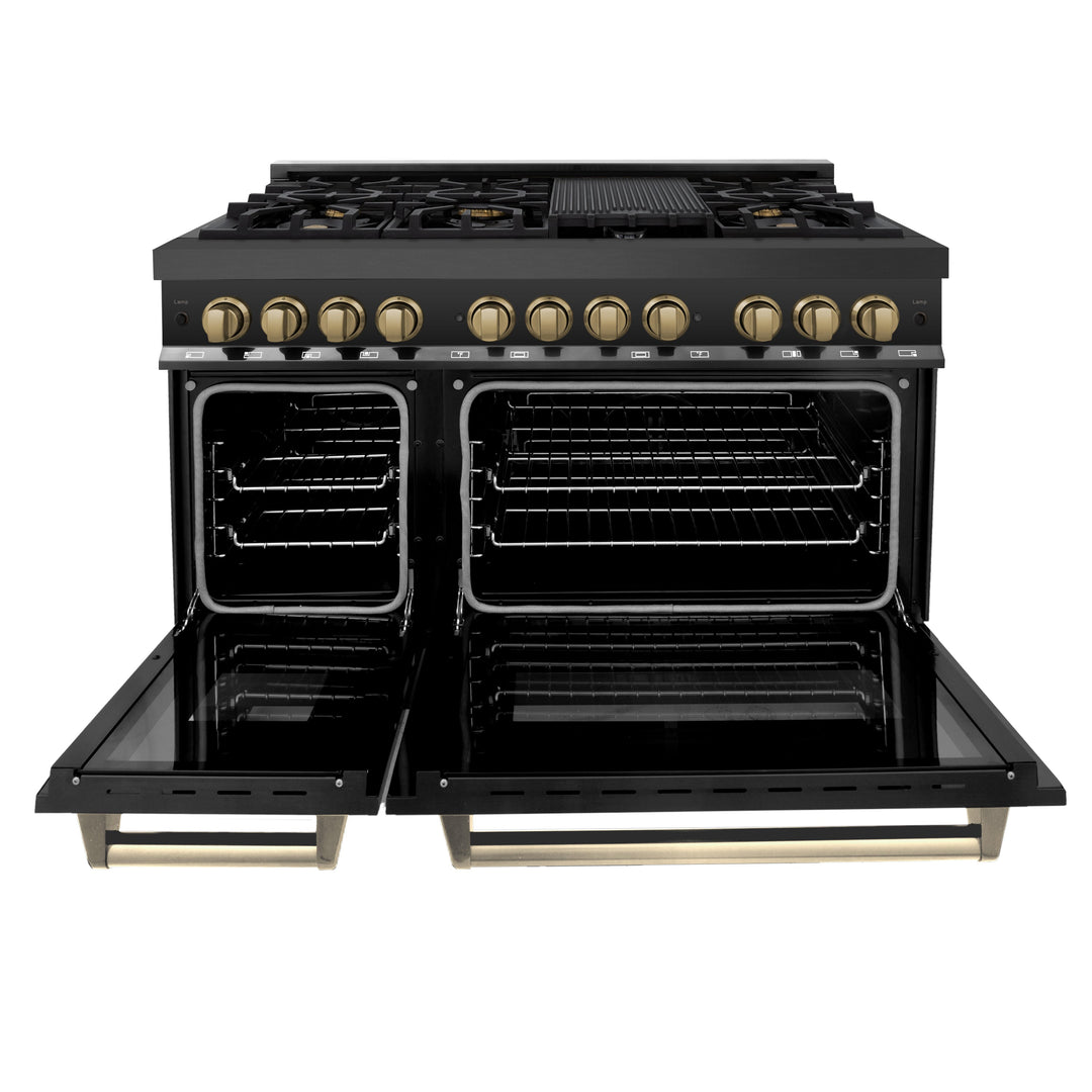 ZLINE Autograph 48" 6.0 cu. ft. Dual Fuel Range in Black Stainless Steel with Champagne Bronze Accents, RABZ-48-CB