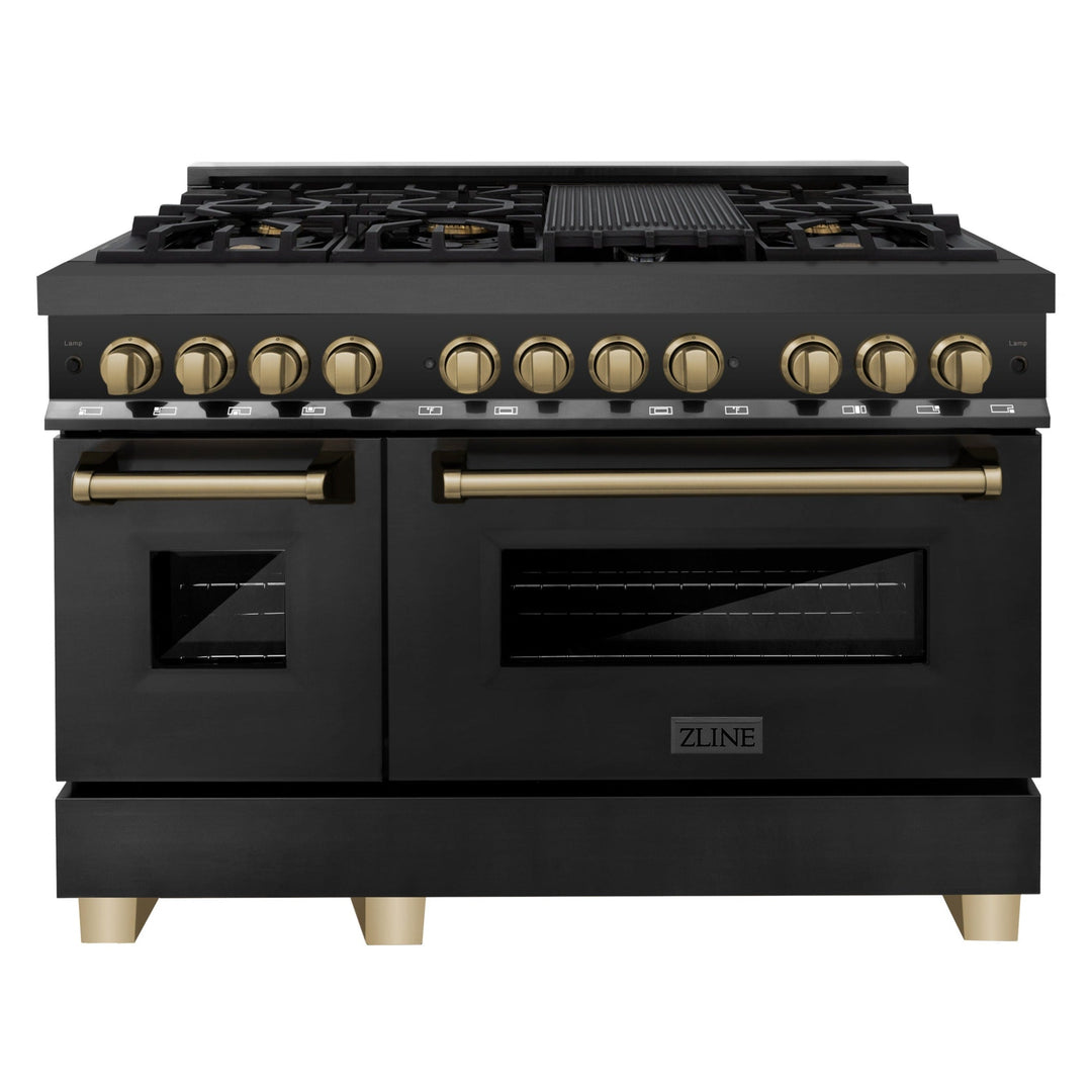 ZLINE Autograph 48" 6.0 cu. ft. Dual Fuel Range in Black Stainless Steel with Champagne Bronze Accents, RABZ-48-CB