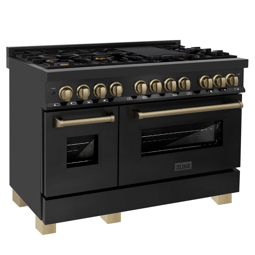 ZLINE Autograph 48" 6.0 cu. ft. Dual Fuel Range in Black Stainless Steel with Champagne Bronze Accents, RABZ-48-CB