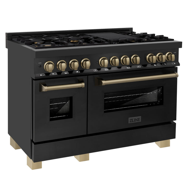 ZLINE Autograph 48" 6.0 cu. ft. Dual Fuel Range in Black Stainless Steel with Champagne Bronze Accents, RABZ-48-CB