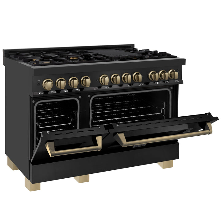 ZLINE Autograph 48" 6.0 cu. ft. Dual Fuel Range in Black Stainless Steel with Champagne Bronze Accents, RABZ-48-CB