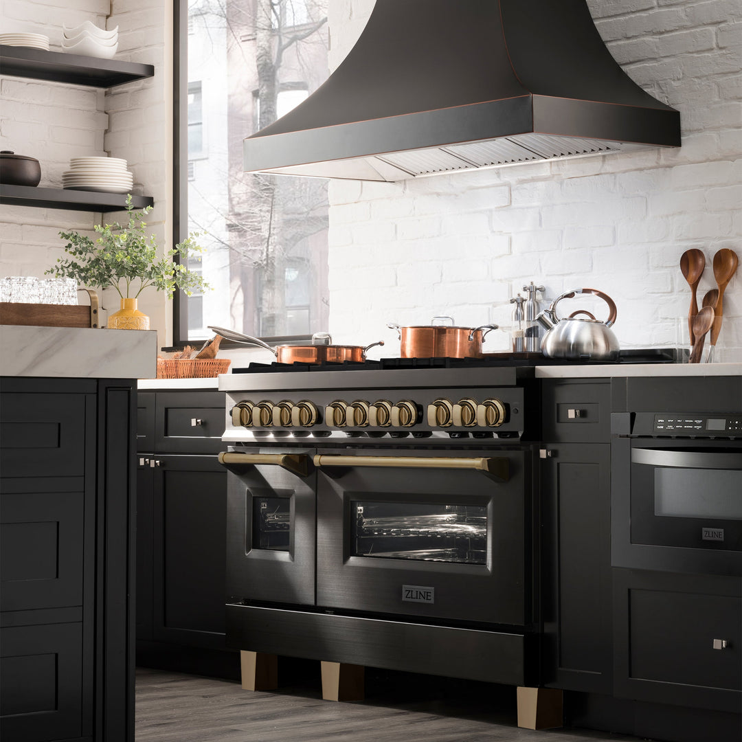 ZLINE 48" Autograph Edition Legacy Dual Fuel Range with 7 Burner Gas Cooktop and 2 Electric Ovens in Black Stainless Steel and Champagne Bronze Accents