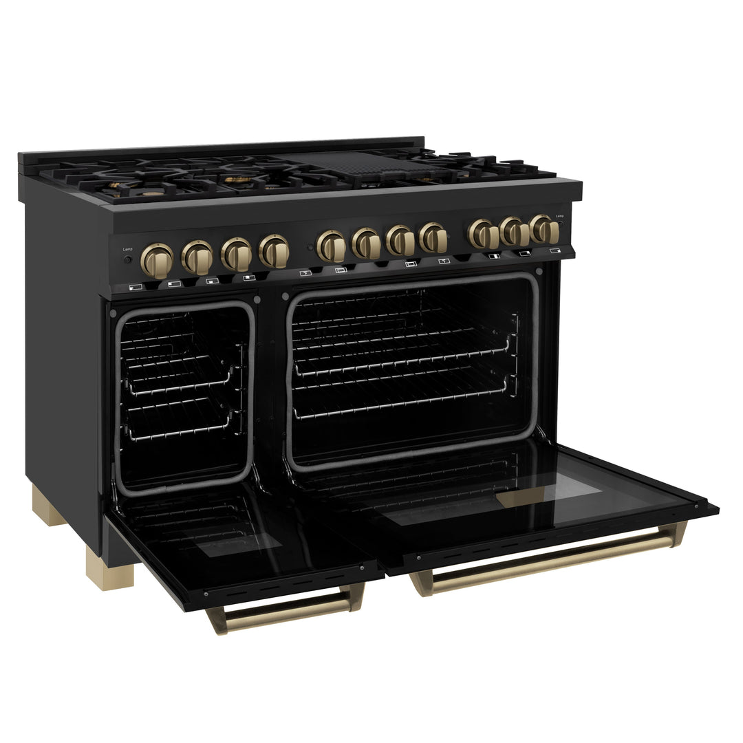 ZLINE Autograph 48" 6.0 cu. ft. Dual Fuel Range in Black Stainless Steel with Champagne Bronze Accents, RABZ-48-CB