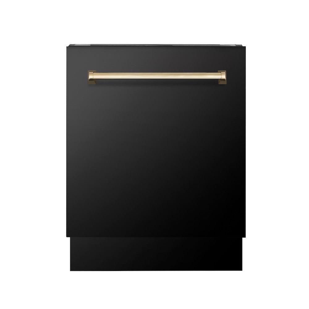 ZLINE Autograph Edition 48 in. Kitchen Package with Black Stainless Steel Dual Fuel Range, Range Hood and Dishwasher with Polished Gold Accents (3AKP-RABRHDWV48-G)