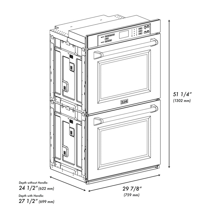 ZLINE 30" Autograph Double Wall Oven with Air Fry and Self-Clean in Black and Champagne Bronze Handle, WADBZ-30-CB