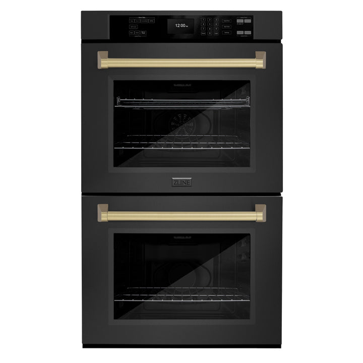 ZLINE 30" Autograph Double Wall Oven with Air Fry and Self-Clean in Black and Champagne Bronze Handle, WADBZ-30-CB