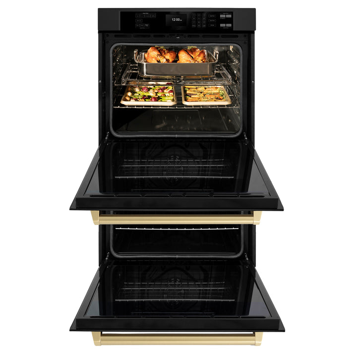 ZLINE 30" Autograph Double Wall Oven with Air Fry and Self-Clean in Black and Champagne Bronze Handle, WADBZ-30-CB