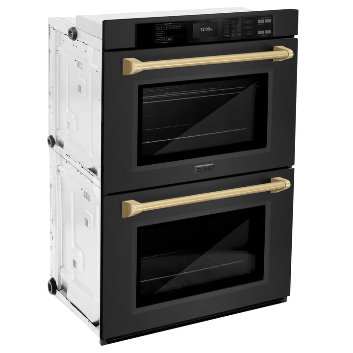 ZLINE 30" Autograph Double Wall Oven with Air Fry and Self-Clean in Black and Champagne Bronze Handle, WADBZ-30-CB