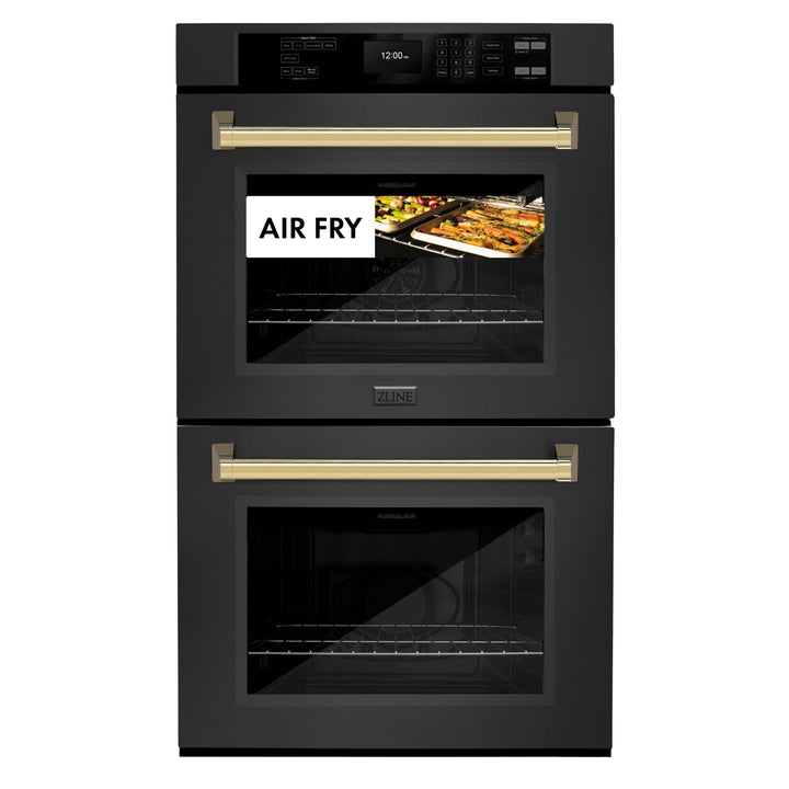 ZLINE 30" Autograph Double Wall Oven with Air Fry and Self-Clean in Black and Gold Handle, WADBZ-30-G