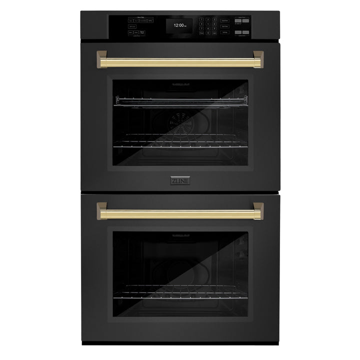 ZLINE 30" Autograph Double Wall Oven with Air Fry and Self-Clean in Black and Gold Handle, WADBZ-30-G