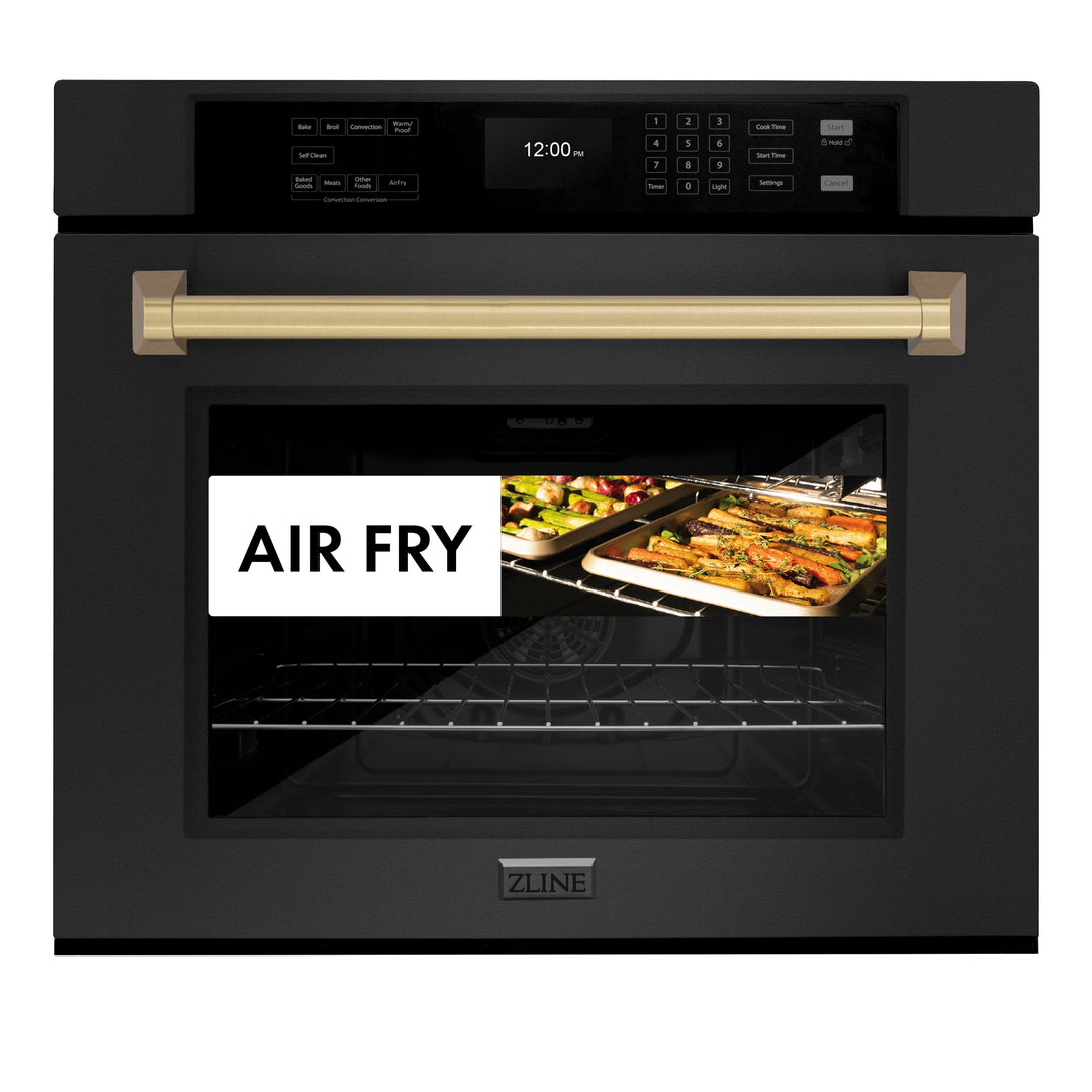 ZLINE 30" Autograph Single Wall Oven with Air Fry and Self-Clean in Black and Champagne Bronze Handle, WASBZ-30-CB