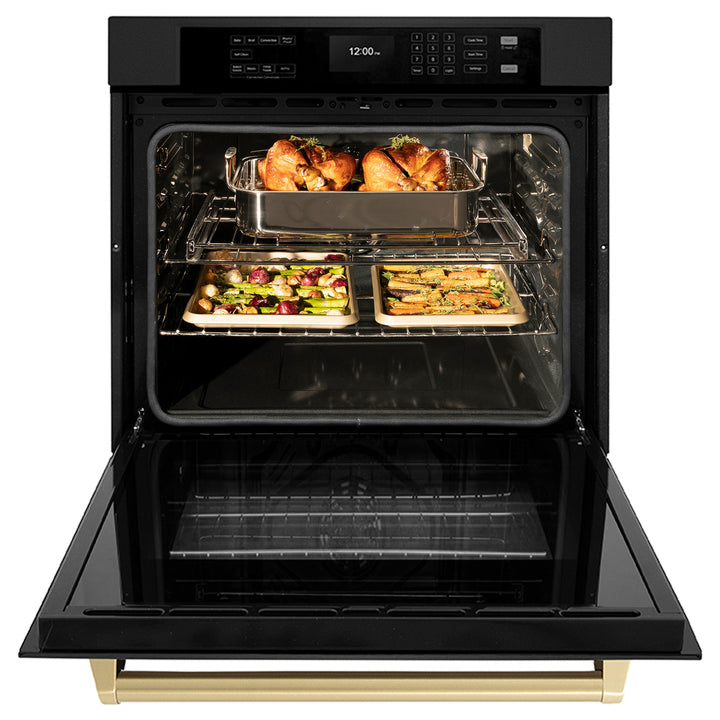 ZLINE 30" Autograph Single Wall Oven with Air Fry and Self-Clean in Black and Champagne Bronze Handle, WASBZ-30-CB