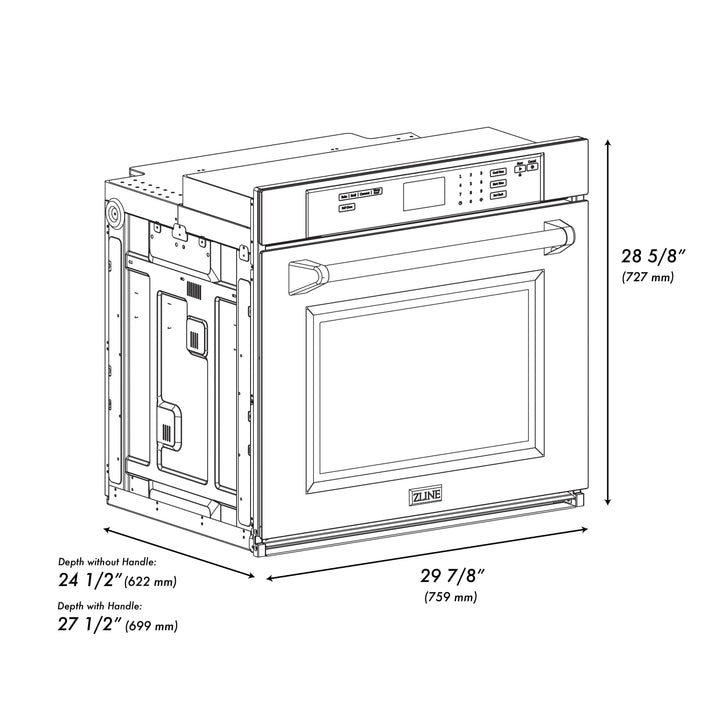 ZLINE 30" Autograph Single Wall Oven with Air Fry and Self-Clean in Black and Gold Handle, WASBZ-30-G