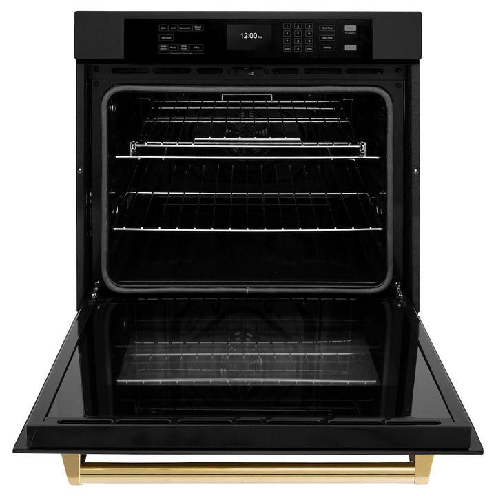 ZLINE Autograph Edition 30 in. Professional True Convection Single Wall Oven with Air Fry and Self Clean in Black Stainless Steel with Polished Gold Handle (WASBZ-30-G)