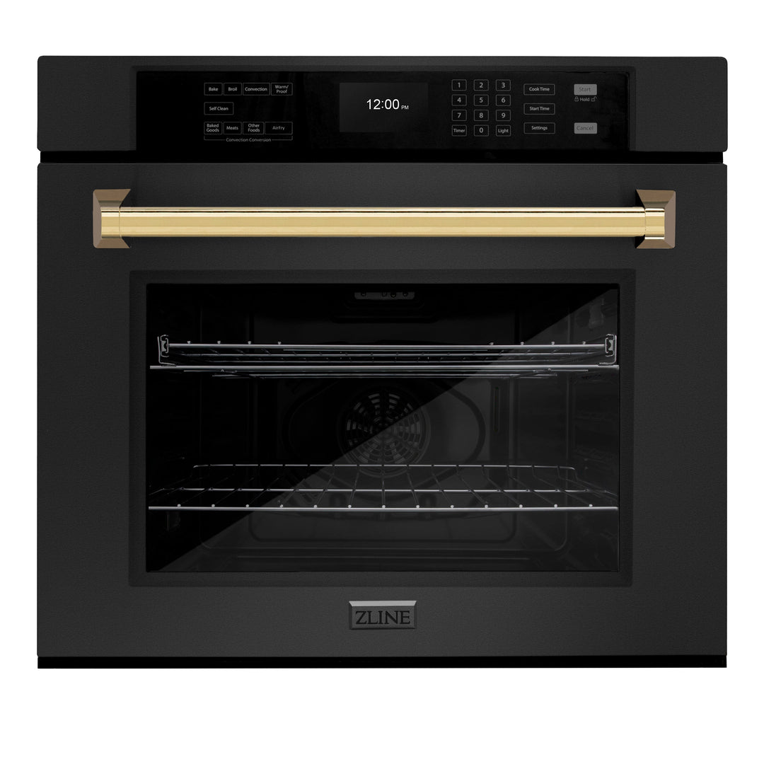 ZLINE 30" Autograph Single Wall Oven with Air Fry and Self-Clean in Black and Gold Handle, WASBZ-30-G