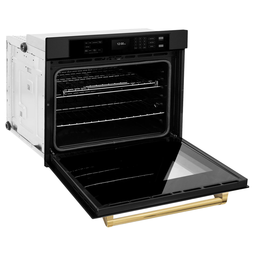 ZLINE 30" Autograph Single Wall Oven with Air Fry and Self-Clean in Black and Gold Handle, WASBZ-30-G