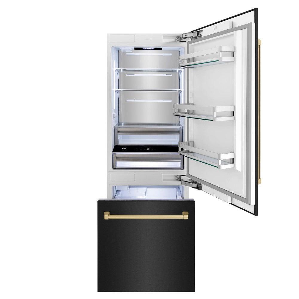 ZLINE Autograph Edition 30 in. 16.1 cu. ft. Built-In Bottom Freezer Refrigerator with Water Dispenser and Ice Maker in Black Stainless Steel with Champagne Bronze Accents (RBIVZ-BS-30-CB)