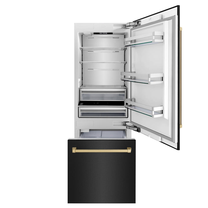 ZLINE 30" Built-in Refrigerator with Internal Water & Ice Dispenser in Black Stainless, Bronze Accents