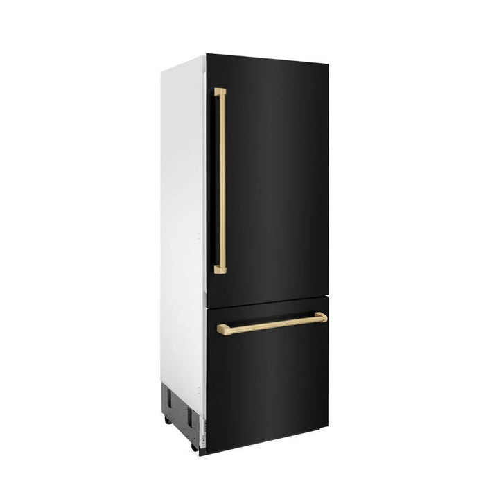 ZLINE Autograph Edition 30 in. 16.1 cu. ft. Built-In Bottom Freezer Refrigerator with Water Dispenser and Ice Maker in Black Stainless Steel with Champagne Bronze Accents (RBIVZ-BS-30-CB)