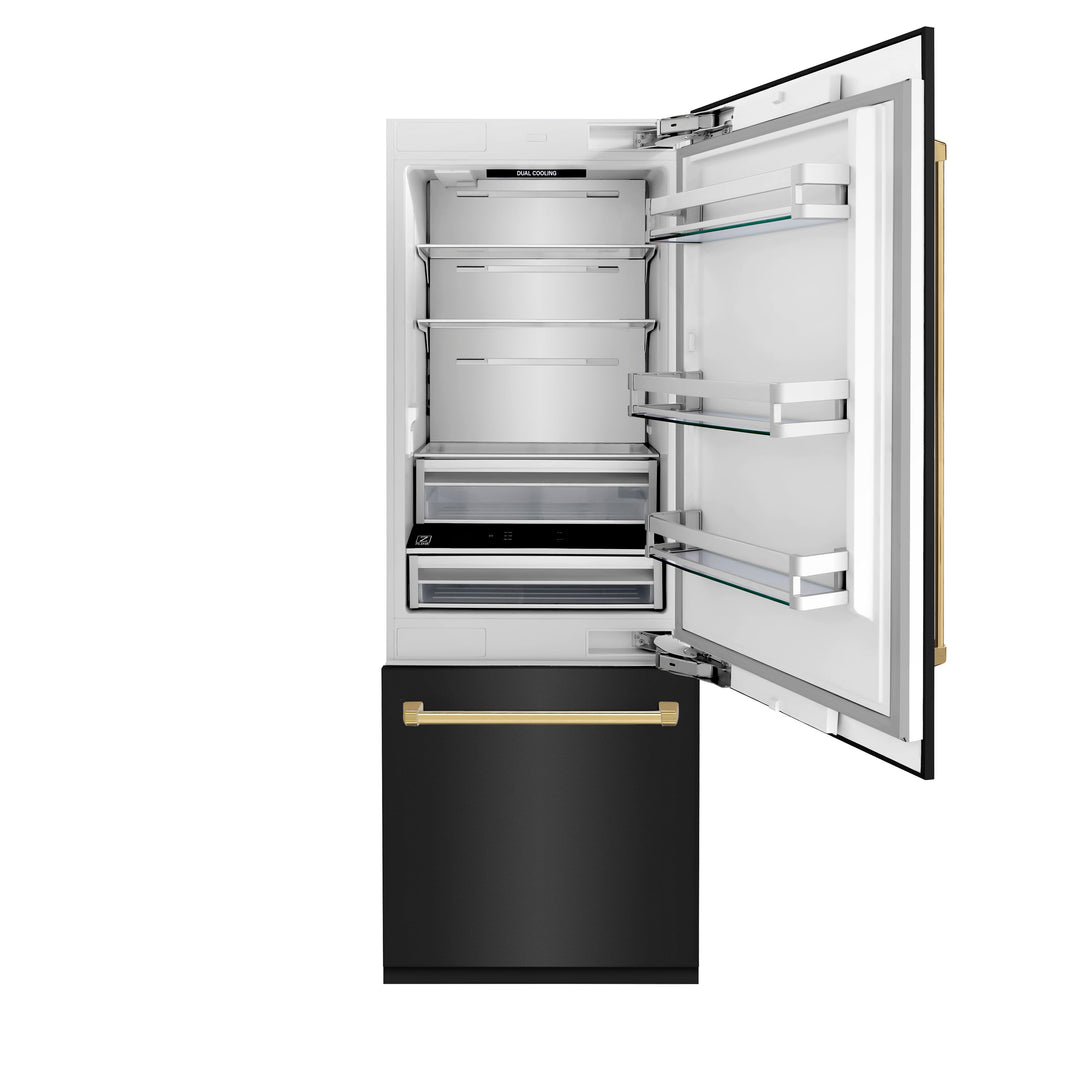 ZLINE 30" Autograph 16.1 cu. ft. Built-in Refrigerator with Internal Water and Ice Dispenser in Black Stainless Steel with Gold Accents, RBIVZ-BS-30-G