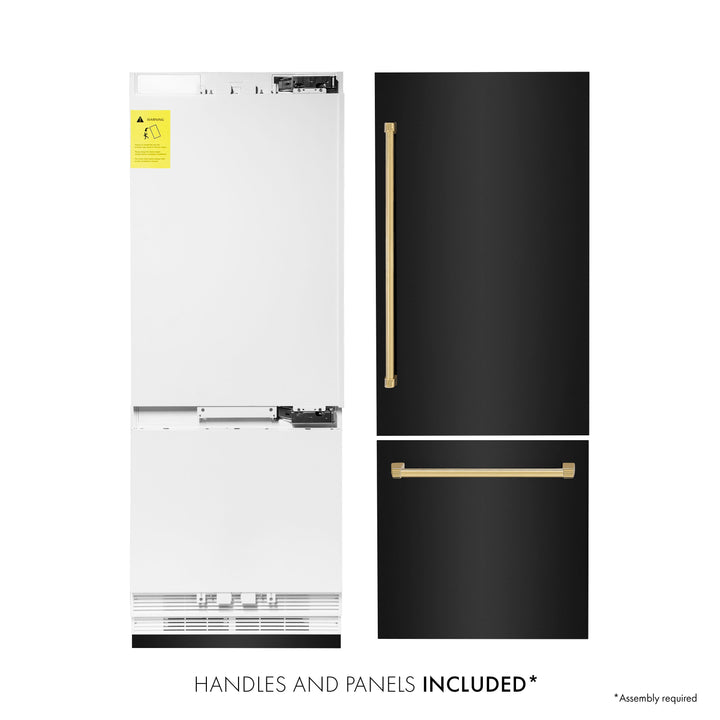 ZLINE 30" Autograph 16.1 cu. ft. Built-in Refrigerator with Internal Water and Ice Dispenser in Black Stainless Steel with Gold Accents, RBIVZ-BS-30-G