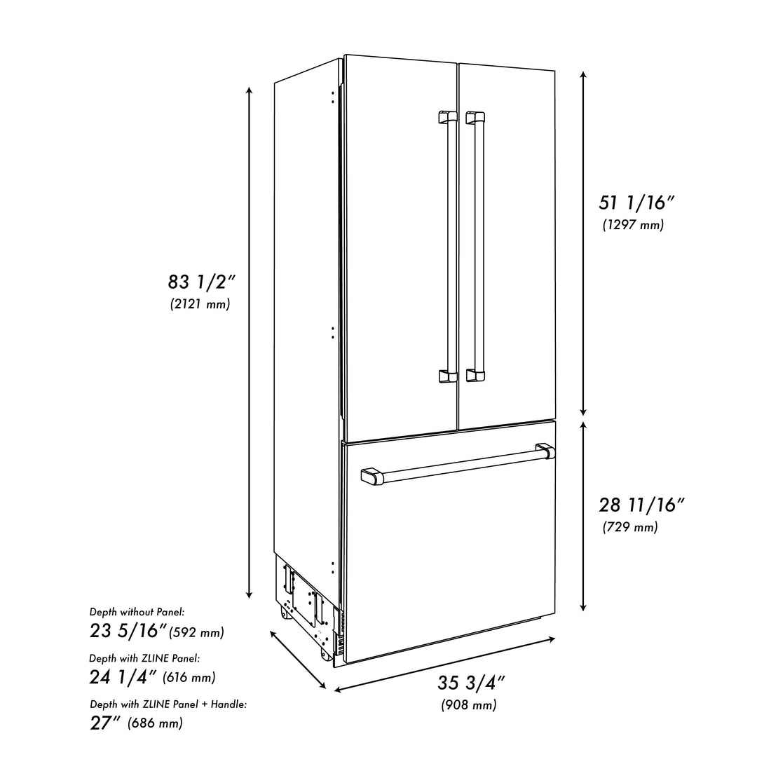 ZLINE 36" Autograph Built-In Refrigerator with Internal Water & Ice Dispenser, Fingerprint Resistant with Gold Accents