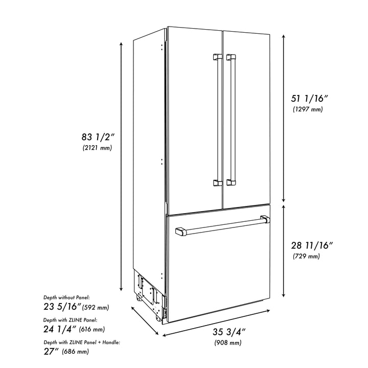 ZLINE 36" Autograph Built-In Refrigerator with Internal Water & Ice Dispenser, Fingerprint Resistant with Gold Accents