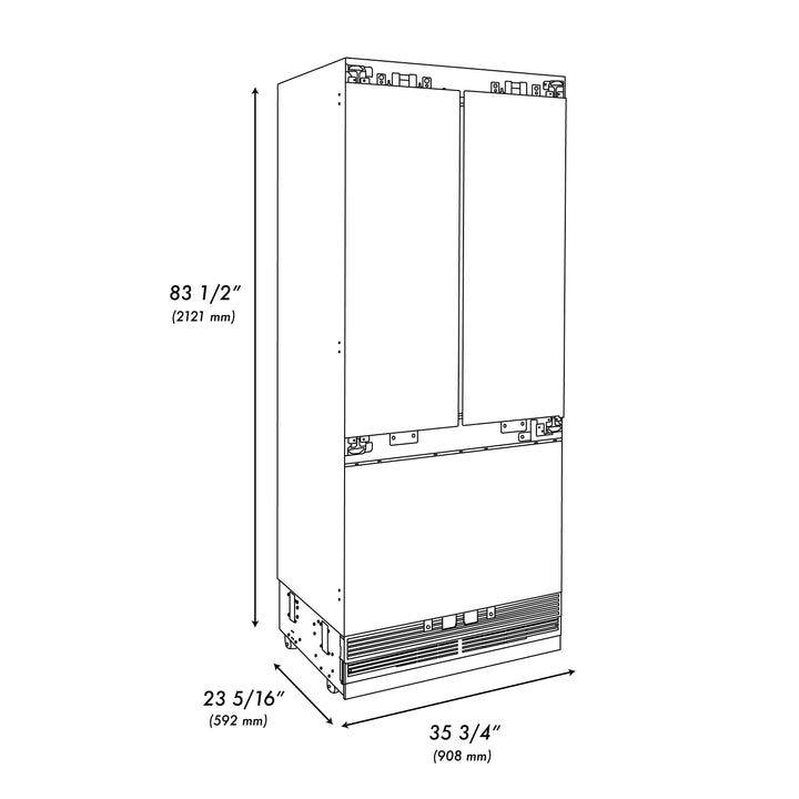 ZLINE Autograph 36" 19.6 cu. ft. Panel Ready French Door Built-In Bottom Freezer Refrigerator with Water Dispenser and Ice Maker with Graphite Gray Interior and Champagne Bronze Accents, GRBIVZ-36-CB