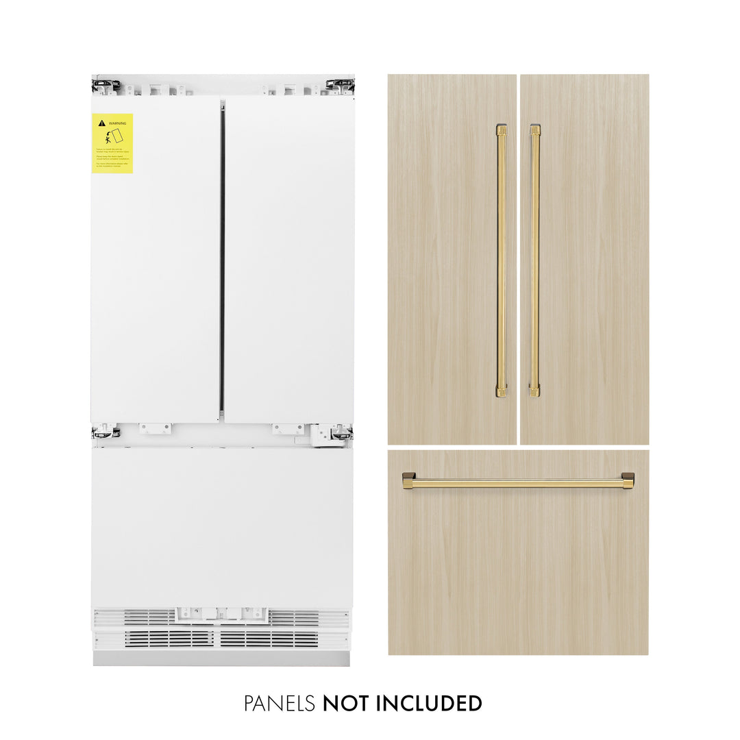 ZLINE Autograph 36" 19.6 cu. ft. Panel Ready Built-in 3-Door French Door Refrigerator with Internal Water and Ice Dispenser with Gold Handles, RBIVZ-36-G