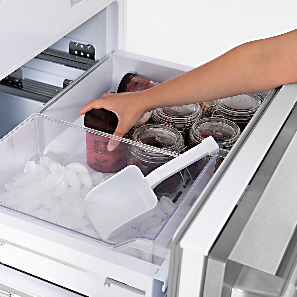 ZLINE Autograph Edition 30 in. 16.1 cu. ft. Built-In Bottom Freezer Refrigerator with Water Dispenser and Ice Maker in Satin Stainless Steel with Polished Gold Accents (RBIVZ-SN-30-G)