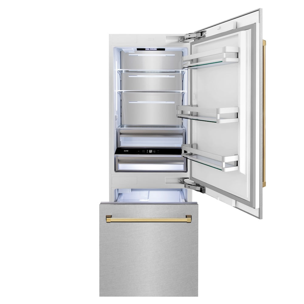 ZLINE Autograph Edition 30 in. 16.1 cu. ft. Built-In Bottom Freezer Refrigerator with Water Dispenser and Ice Maker in Satin Stainless Steel with Polished Gold Accents (RBIVZ-SN-30-G)