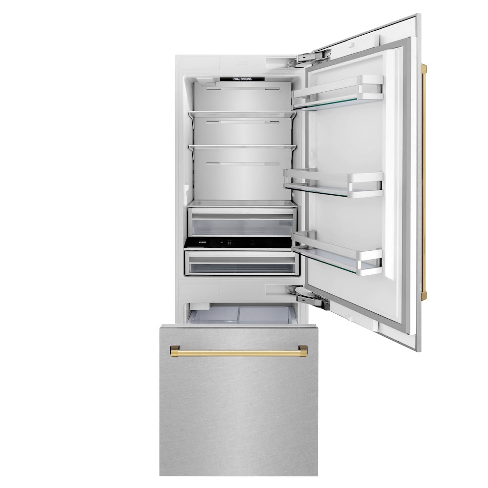 ZLINE Autograph Edition 30 in. 16.1 cu. ft. Built-In Bottom Freezer Refrigerator with Water Dispenser and Ice Maker in Satin Stainless Steel with Polished Gold Accents (RBIVZ-SN-30-G)