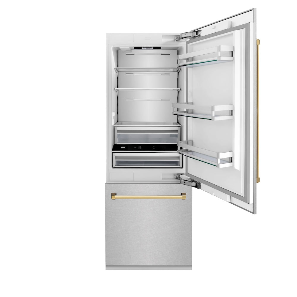 ZLINE Autograph Edition 30 in. 16.1 cu. ft. Built-In Bottom Freezer Refrigerator with Water Dispenser and Ice Maker in Satin Stainless Steel with Polished Gold Accents (RBIVZ-SN-30-G)