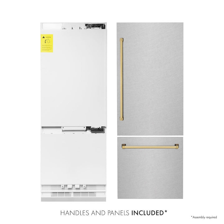 ZLINE Autograph Edition 30 in. 16.1 cu. ft. Built-In Bottom Freezer Refrigerator with Water Dispenser and Ice Maker in Satin Stainless Steel with Polished Gold Accents (RBIVZ-SN-30-G)