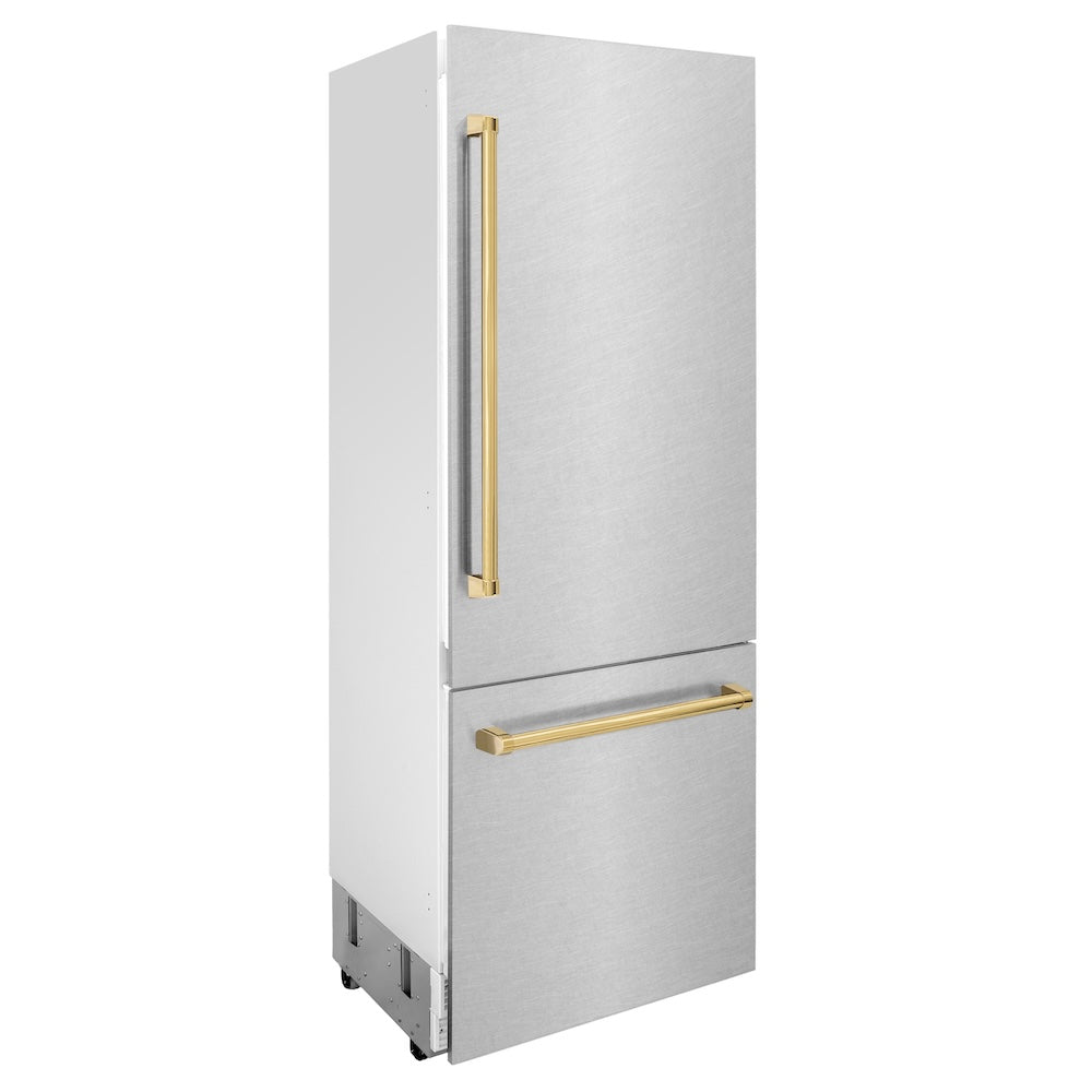 ZLINE Autograph Edition 30 in. 16.1 cu. ft. Built-In Bottom Freezer Refrigerator with Water Dispenser and Ice Maker in Satin Stainless Steel with Polished Gold Accents (RBIVZ-SN-30-G)
