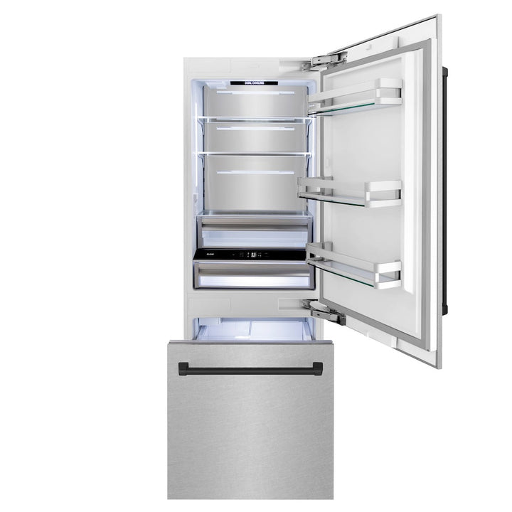 ZLINE Autograph Edition 30 in. 16.1 cu. ft. Built-In Bottom Freezer Refrigerator with Water Dispenser and Ice Maker in Satin Stainless Steel with Matte Black Accents (RBIVZ-SN-30-MB)