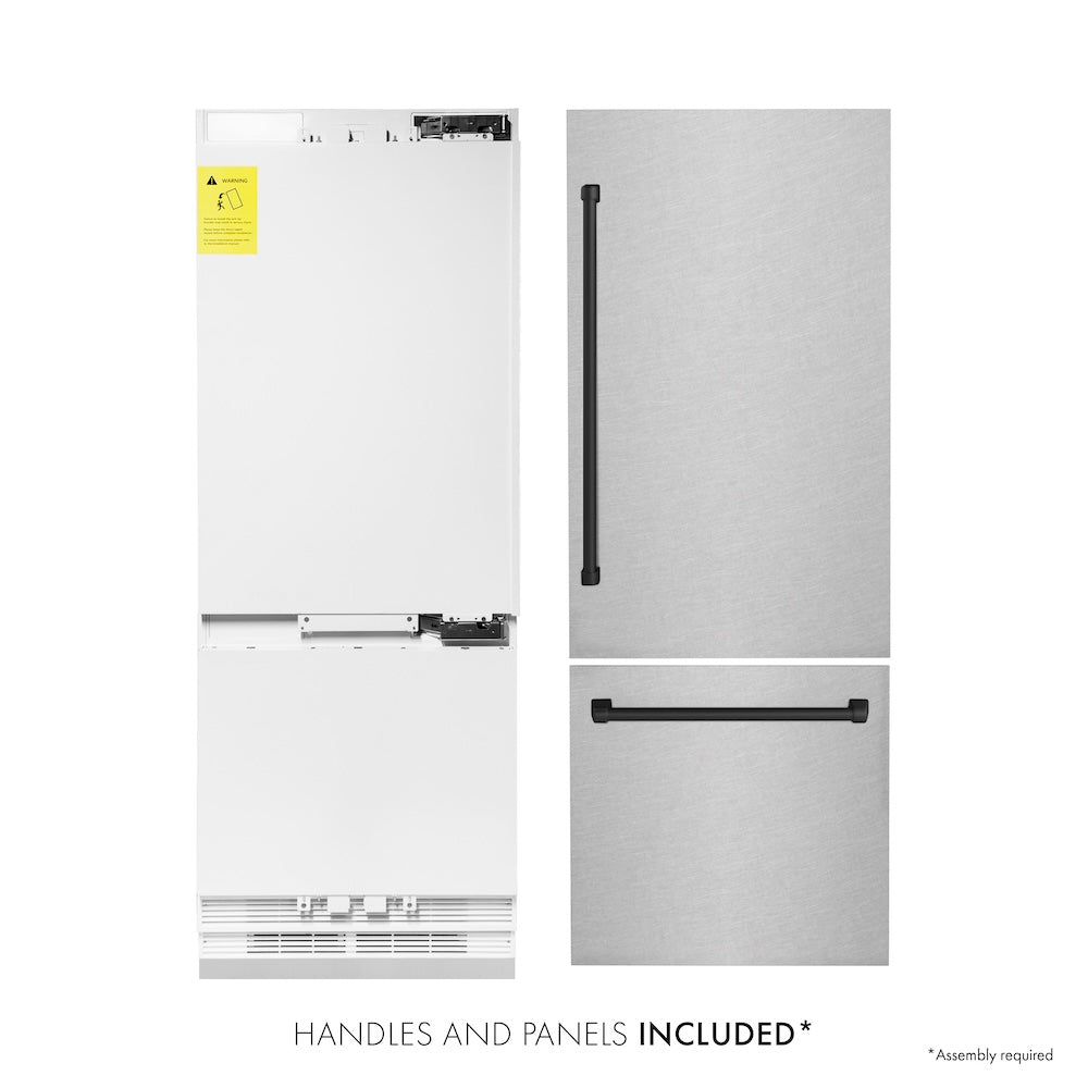 ZLINE Autograph Edition 30 in. 16.1 cu. ft. Built-In Bottom Freezer Refrigerator with Water Dispenser and Ice Maker in Satin Stainless Steel with Matte Black Accents (RBIVZ-SN-30-MB)