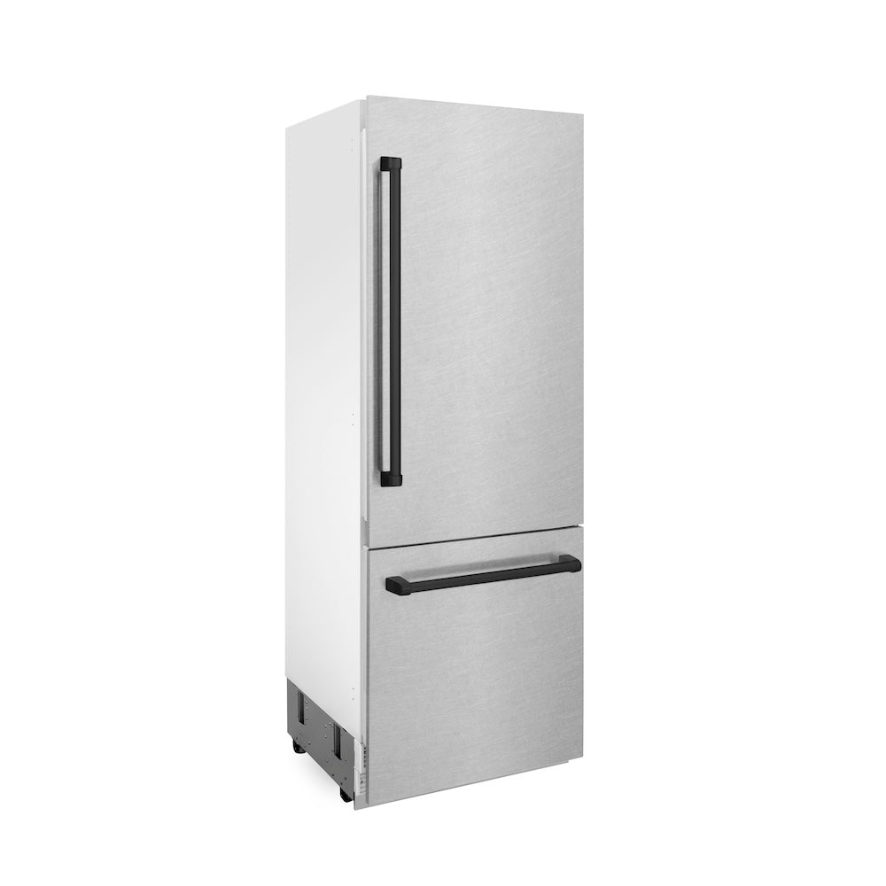 ZLINE Autograph Edition 30 in. 16.1 cu. ft. Built-In Bottom Freezer Refrigerator with Water Dispenser and Ice Maker in Satin Stainless Steel with Matte Black Accents (RBIVZ-SN-30-MB)