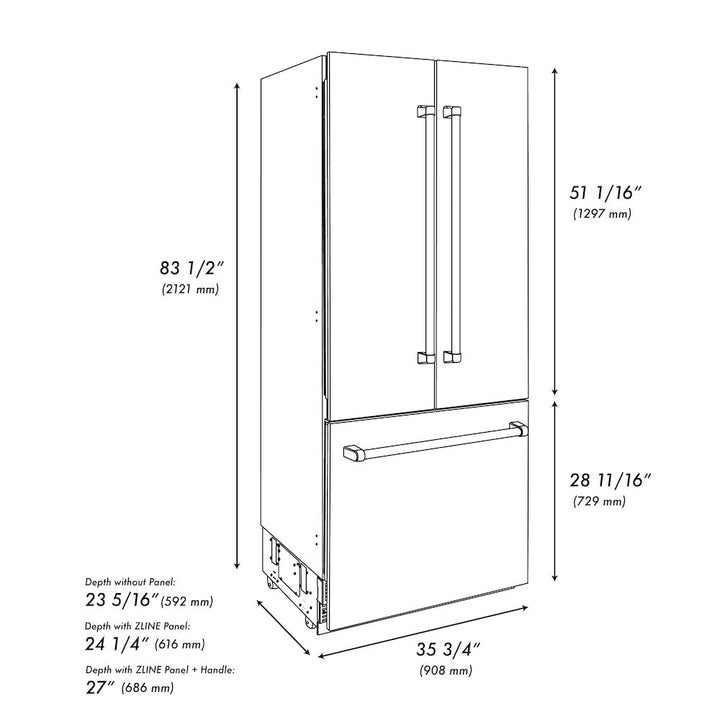 ZLINE Autograph Edition 36 in. 19.6 cu. ft. French Door Built-In Bottom Freezer Refrigerator with Water Dispenser and Ice Maker in Satin Stainless Steel with Champagne Bronze Accents (RBIVZ-SN-36-CB)