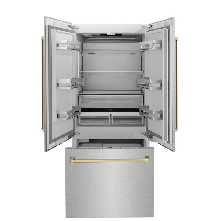 ZLINE Autograph Edition 36 in. 19.6 cu. ft. French Door Built-In Bottom Freezer Refrigerator with Water Dispenser and Ice Maker in Satin Stainless Steel with Champagne Bronze Accents (RBIVZ-SN-36-CB)
