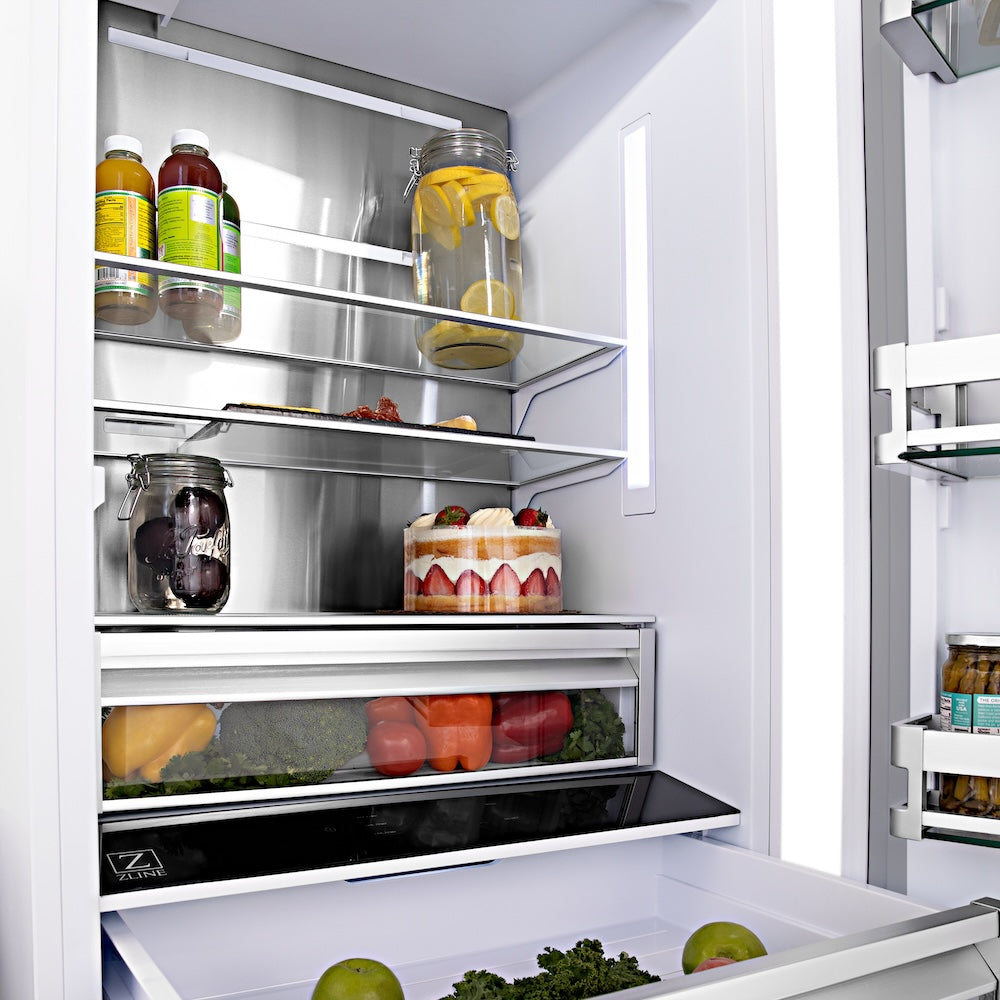 ZLINE Autograph Edition 36 in. 19.6 cu. ft. French Door Built-In Bottom Freezer Refrigerator with Water Dispenser and Ice Maker in Satin Stainless Steel with Polished Gold Accents (RBIVZ-SN-36-G)