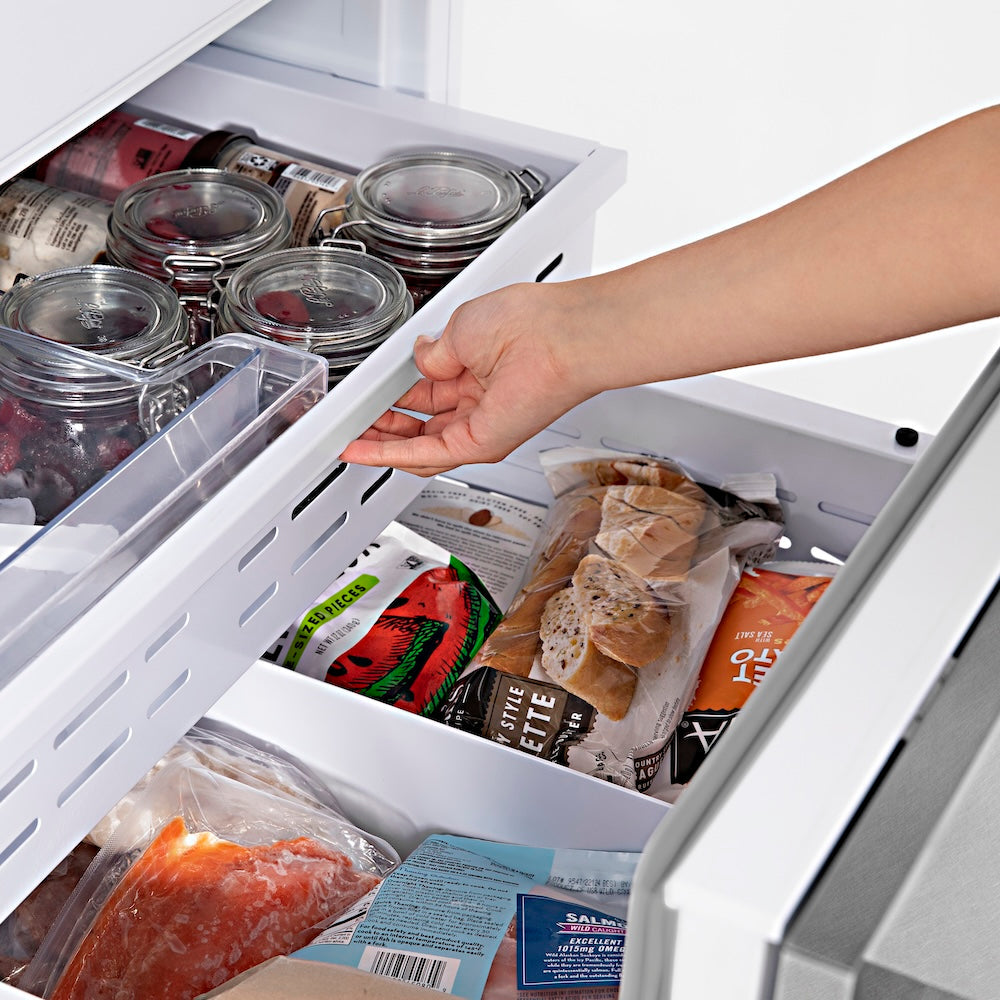 ZLINE Autograph Edition 36 in. 19.6 cu. ft. French Door Built-In Bottom Freezer Refrigerator with Water Dispenser and Ice Maker in Satin Stainless Steel with Polished Gold Accents (RBIVZ-SN-36-G)