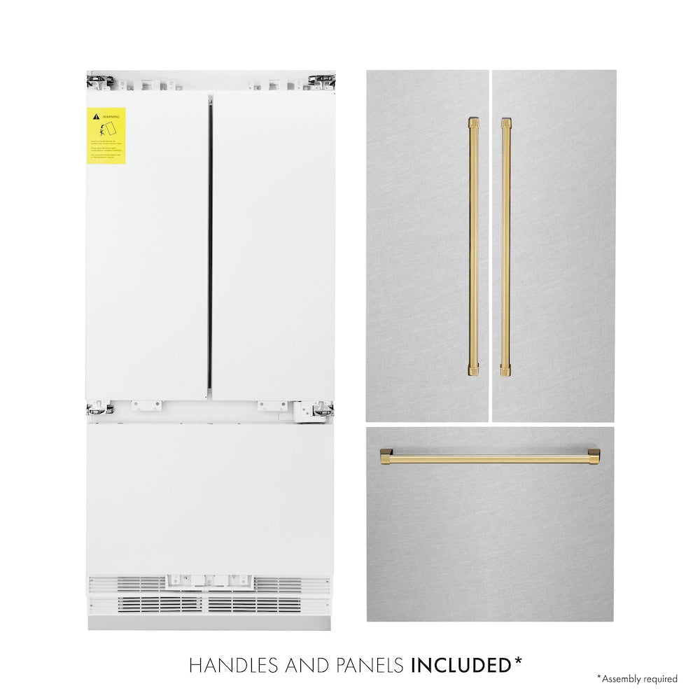 ZLINE Autograph Edition 36 in. 19.6 cu. ft. French Door Built-In Bottom Freezer Refrigerator with Water Dispenser and Ice Maker in Satin Stainless Steel with Polished Gold Accents (RBIVZ-SN-36-G)