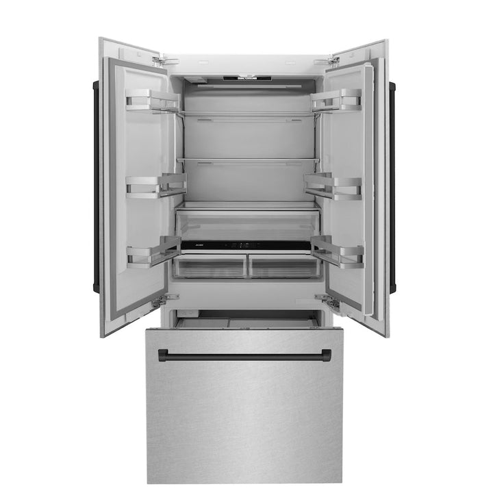 ZLINE Autograph Edition 36 in. 19.6 cu. ft. French Door Built-In Bottom Freezer Refrigerator with Water Dispenser and Ice Maker in Satin Stainless Steel with Matte Black Accents (RBIVZ-SN-36-MB)