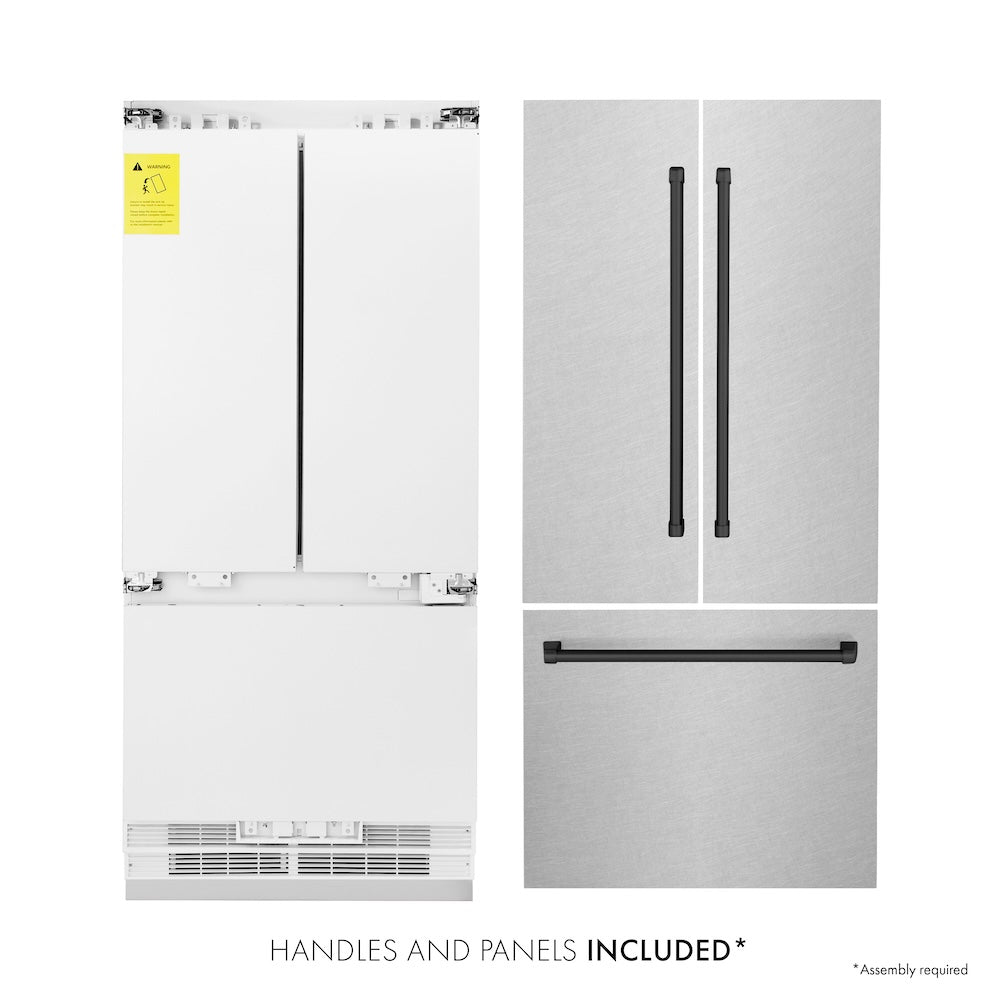 ZLINE Autograph Edition 36 in. 19.6 cu. ft. French Door Built-In Bottom Freezer Refrigerator with Water Dispenser and Ice Maker in Satin Stainless Steel with Matte Black Accents (RBIVZ-SN-36-MB)