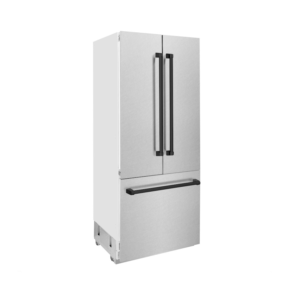 ZLINE Autograph Edition 36 in. 19.6 cu. ft. French Door Built-In Bottom Freezer Refrigerator with Water Dispenser and Ice Maker in Satin Stainless Steel with Matte Black Accents (RBIVZ-SN-36-MB)