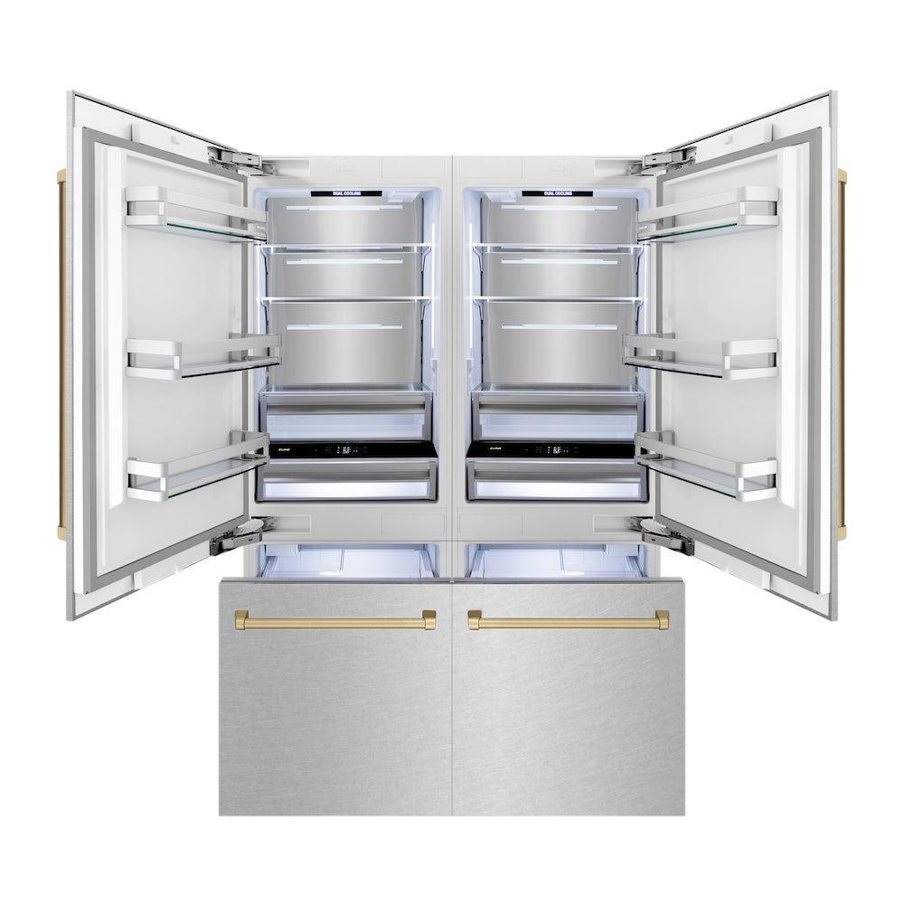 ZLINE Autograph Edition 60 in. 32.2 cu. ft. French Door Built-In Bottom Freezer Refrigerator with Water Dispenser and Ice Maker in Satin Stainless Steel with Champagne Bronze Accents (RBIVZ-SN-60-CB)