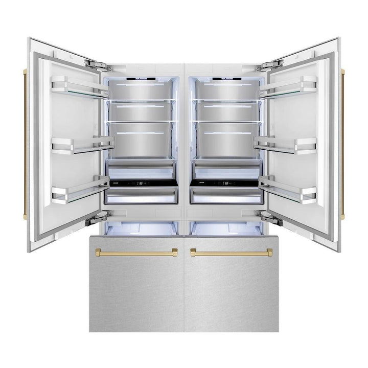 ZLINE Autograph Edition 60 in. 32.2 cu. ft. French Door Built-In Bottom Freezer Refrigerator with Water Dispenser and Ice Maker in Satin Stainless Steel with Champagne Bronze Accents (RBIVZ-SN-60-CB)